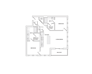 1107 square foot penthouse two bedroom two bathroom apartment floorplan image