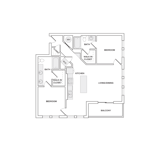 1107 square foot penthouse two bedroom two bathroom apartment floorplan image