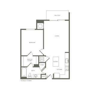 716 to 740 square foot one bedroom one bath apartment floorplan image