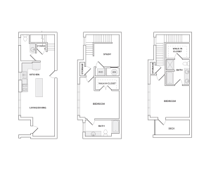 1525 square foot two bedroom two and a half bathroom with study townhome floorplan image