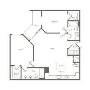 1128 square foot two bedroom two bath apartment floorplan image