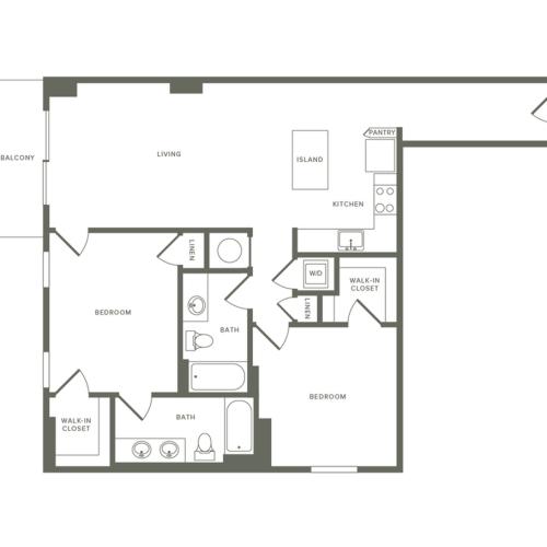 1109 square foot two bedroom two bath apartment floorplan image