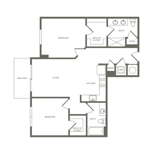 983 square foot two bedroom two bath apartment floorplan image
