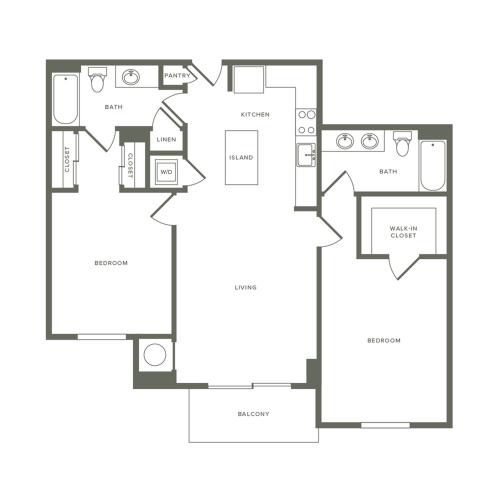 1089 square foot two bedroom two bath apartment floorplan image