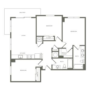 1167 square foot three bedroom two bath apartment floorplan image