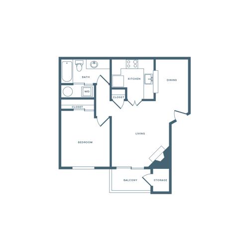 625 square foot one bedroom one bath apartment floorplan image