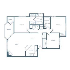 1113 square foot three bedroom two bath apartment floorplan image