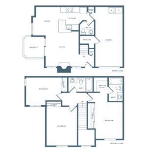 1265 square foot three bedroom two bath townhome floorplan image