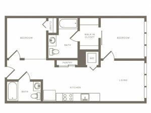 812 square foot two bedroom two bath floorplan image