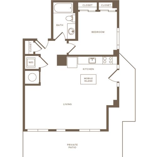 733 square foot one bedroom one bath apartment floorplan image