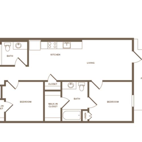 843 square foot two bedroom two bath floor plan image