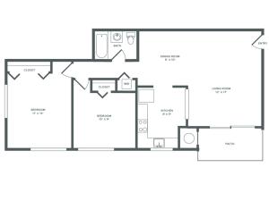 875 square foot renovated two bedroom one bath apartment floorplan image