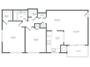 970 square foot renovated two bedroom one bath apartment floorplan image