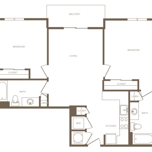 987 square foot two bedroom two bath apartment floorplan image