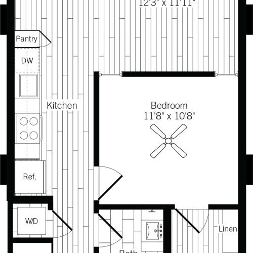 686 square foot one bedroom one bath apartment floorplan image