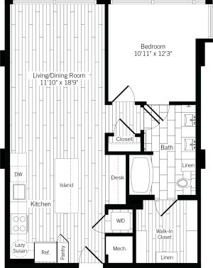 827 square foot one bedroom one bath apartment floorplan image