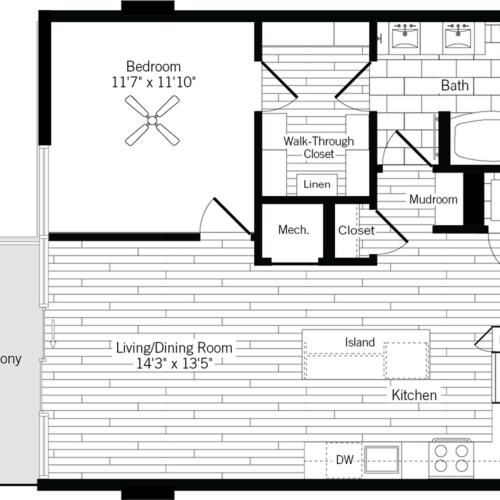 775 square foot one bedroom one bath apartment floorplan image