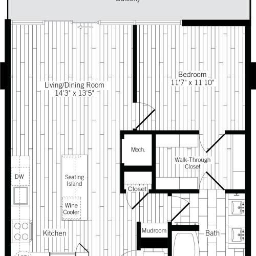 775 square foot one bedroom one bath with wood plank flooring throughout apartment floorplan image