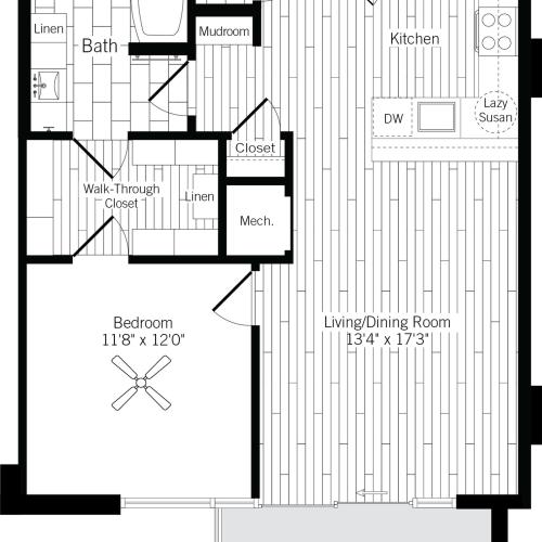 787 square foot one bedroom one bath apartment floorplan image