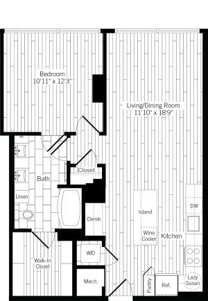 836 square foot one bedroom one bath apartment floorplan image
