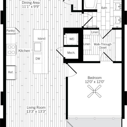891 square foot one bedroom one bath apartment floorplan image