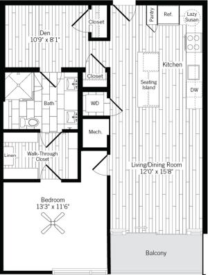 905 square foot one bedroom one bath with den apartment floorplan image