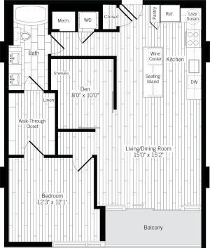 951 square foot one bedroom one bath with den apartment floorplan image