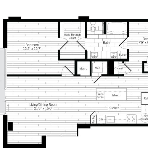 1012 square foot one bedroom one bath with den apartment floorplan image