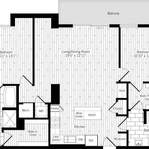 1296 square foot two bedroom two bath apartment floorplan image