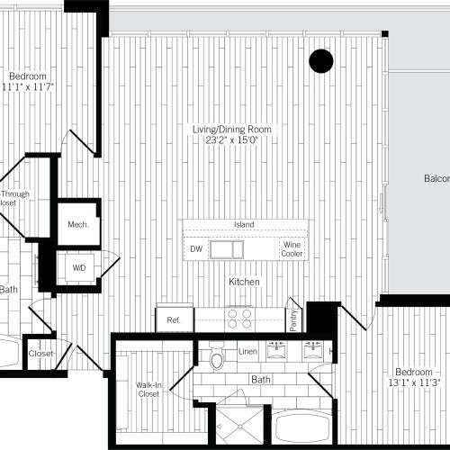 1297 square foot two bedroom two bath apartment floorplan image