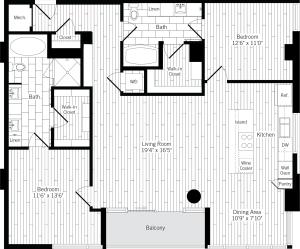 1396 square foot two bedroom two bath apartment floorplan image