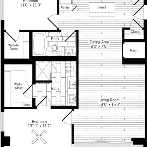 1137 square foot two bedroom two bath apartment floorplan image