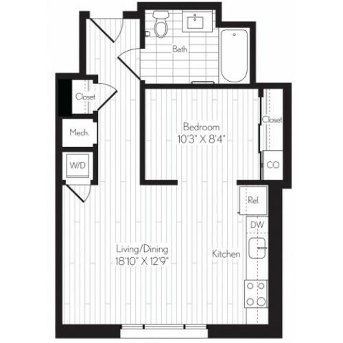 580 square foot one bedroom one bath floor plan image