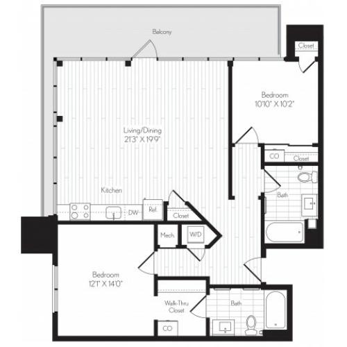 1140 square foot two bedroom two bath floor plan image