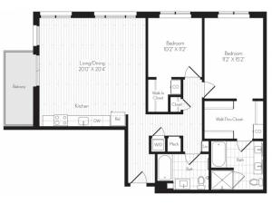 1222 square foot two bedroom two bath floor plan image