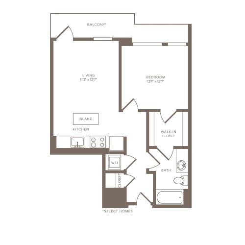 627 square foot one bedroom one bath high-rise apartment floorplan image