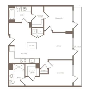 1114 square foot two bedroom two bath ADA apartment floorplan image