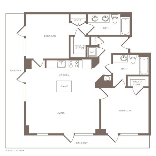 1153 square foot two bedroom two bath apartment floorplan image