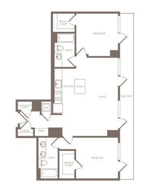 1115 square foot two bedroom two bath high-rise apartment floorplan image