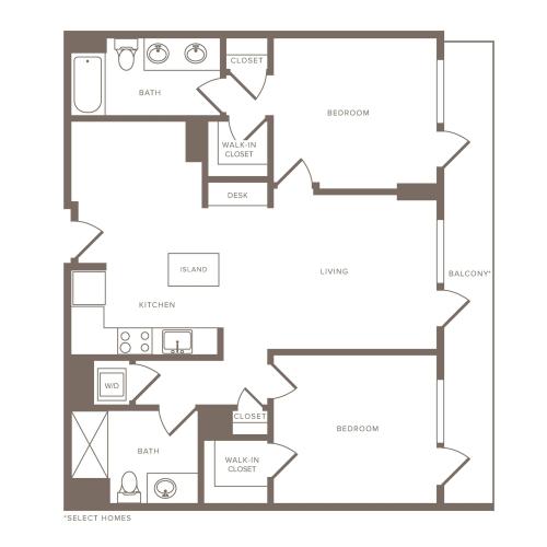 1114 square foot two bedroom two bath penthouse apartment floorplan image
