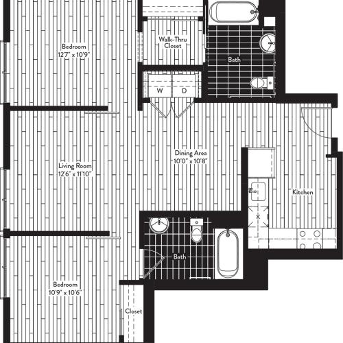 944 square foot two bedroom two bath floor plan image