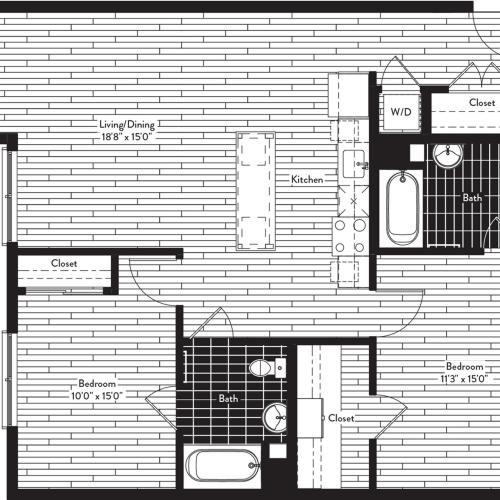 1081 square foot two bedroom two bath floor plan image
