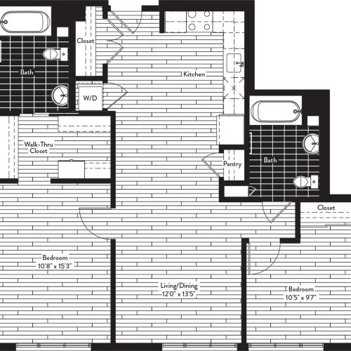 1026 square foot two bedroom two bath floor plan image