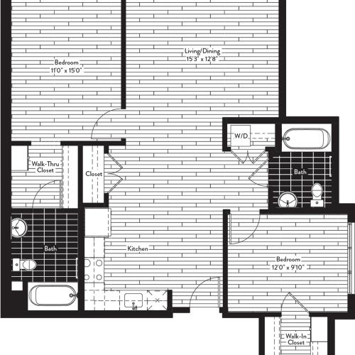 1069 square foot two bedroom two bath floor plan image