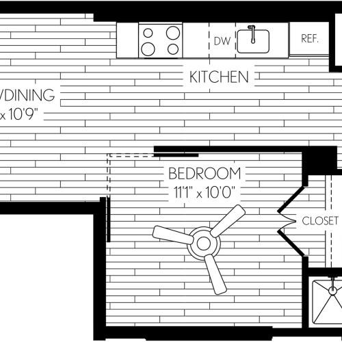 516 square foot one bedroom one bath apartment floorplan image