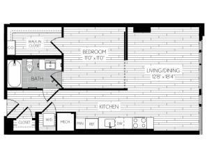 668 square foot one bedroom one bath apartment floorplan image