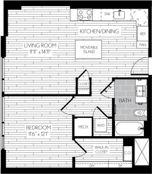 663 square foot one bedroom one bath apartment floorplan image