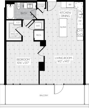 705 square foot one bedroom one bath apartment floorplan image