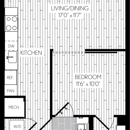 649 square foot one bedroom one bath apartment floorplan image