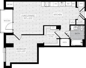 751 square foot one bedroom one bath apartment floorplan image